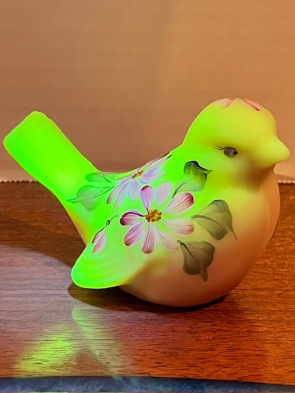 Fenton Burmese Songbird Uranium Figurine with Pink Daisies - Glows